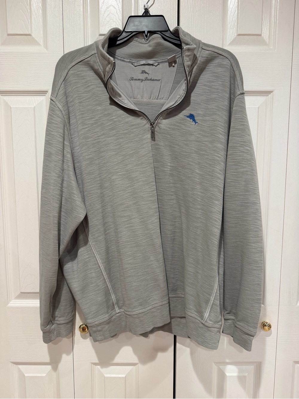 Tommy Bahama Men’s Light Gray Half-Zip Sweater with Blue Logo
